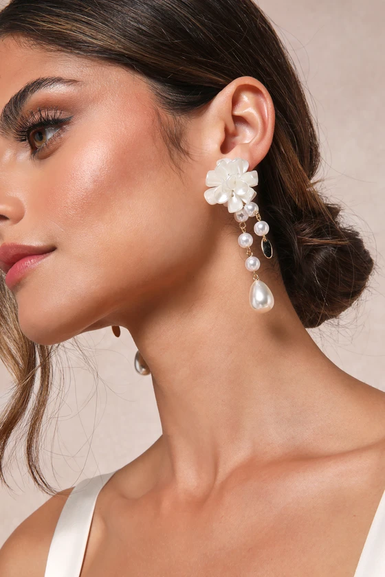 Beautiful Charm Gold and Ivory Floral Pearl Drop Earrings