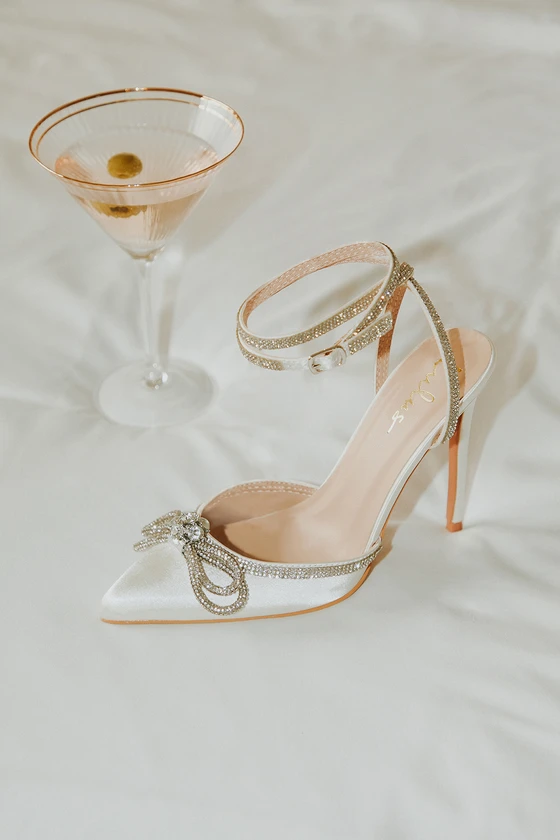 Lullie White Satin Rhinestone Ankle Strap Pointed-Toe Pumps