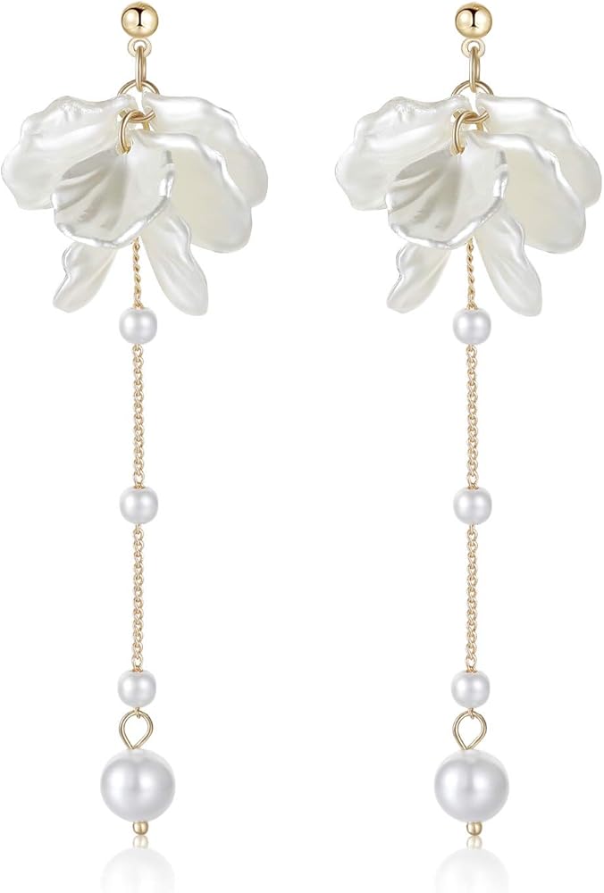 Kruckel Pearl Flower Long Drop Earrings - White Petal Dangles