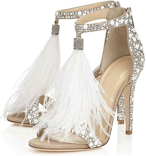 Hinyyrin Women's Tassels Rhinestone Heeled Sandals