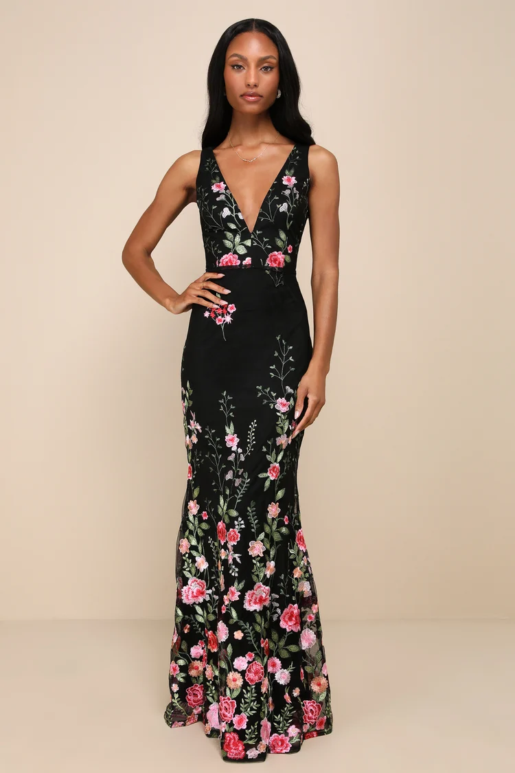 sachin and babi light blue dress Lulus + Thriving Poise Black 3D Floral Embroidered Tie-Strap Maxi Dress