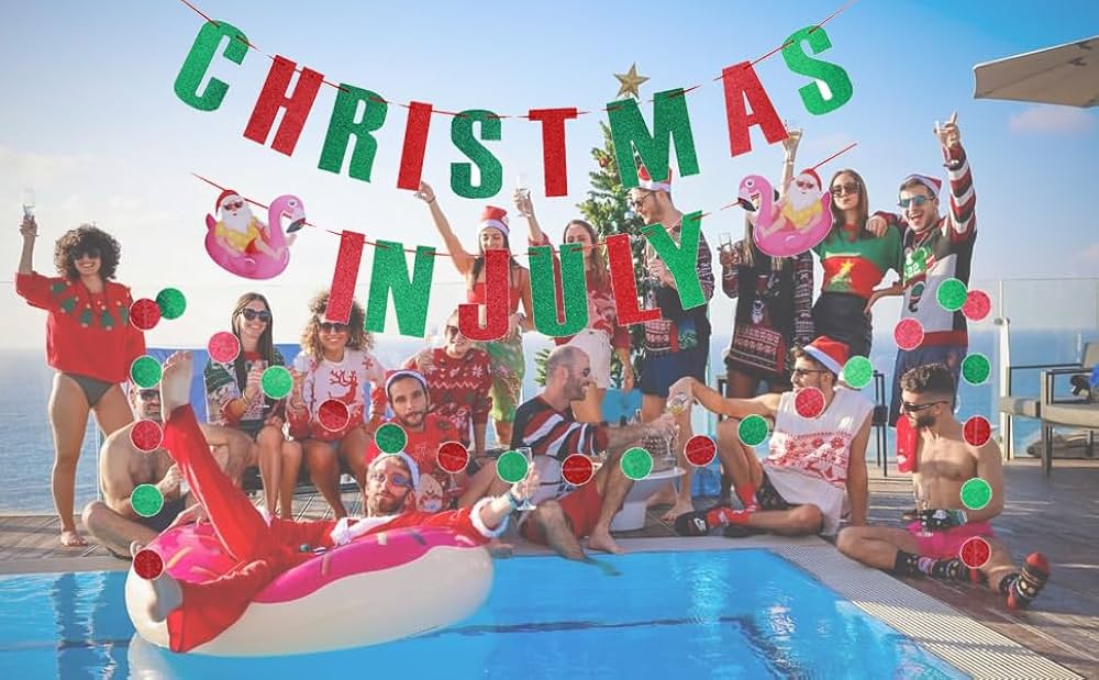 Christmas in July - Summer Pool or Beach Holiday Party Invitations, Decor, and Favors cover photo collage