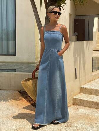 chinese dress ladies Denim Maxi Dress for Women – Loose Fit Lightweight Retro Style – Vento main image 1