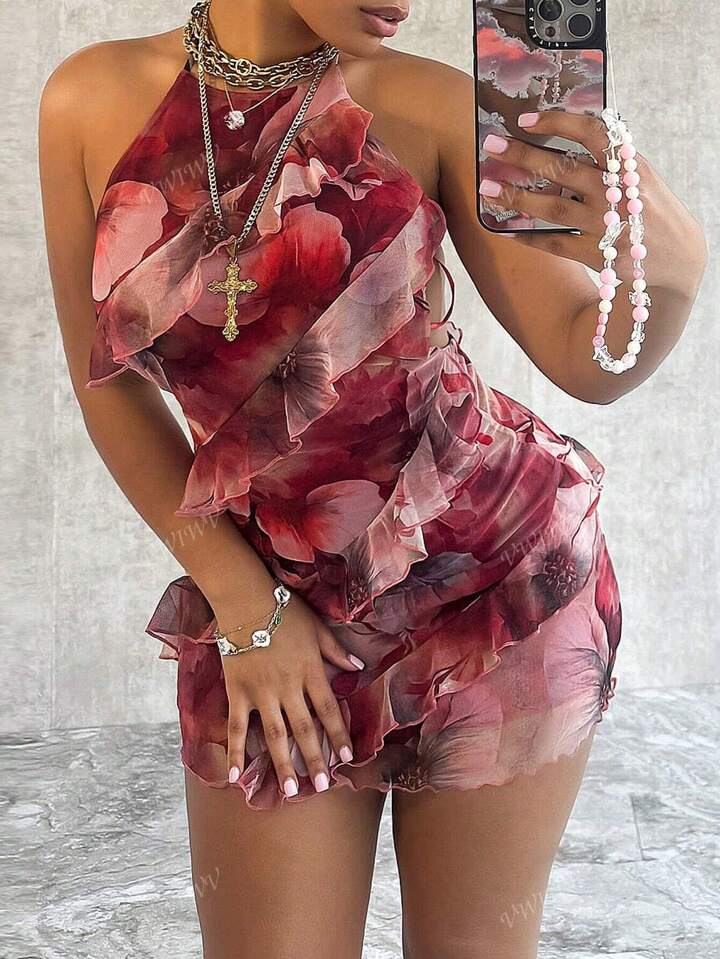 shein bae floral print tie backless sequin halter bodycon dress Handpicked Favorites for Every Occasion🪭 Mid Length Wedding Dresses 29-05-2024 US DROP Solid Green Elegant Beaded Size:46 Short (34 Sleeve)