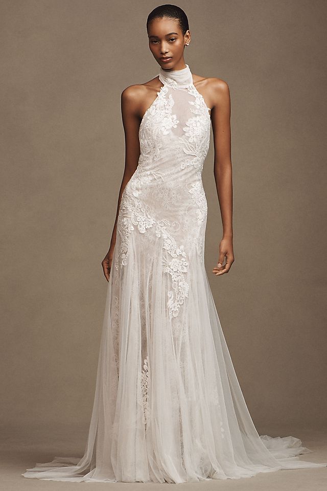 tulle over lace wedding dress Champagne Romantic Lace Thin Straps Tulle A-line Fall Wedding Dress –  Brydealo main image 0