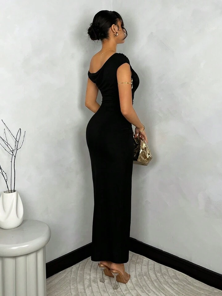shein black dress with slit Black Off Shoulder Slit Dress Wedding Guest Fall Semi Formal Dresses Elegant Slim Fit Bodycon Knitted Fabric Mid Waist Party Vacation