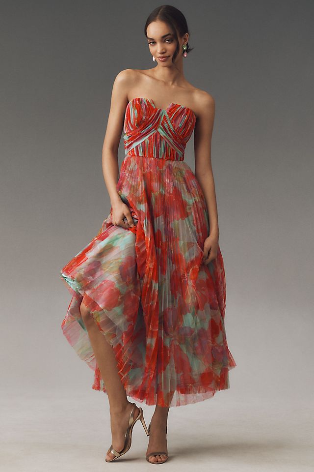 hutch corene strapless floral tulle a-line midi dress "Corene" 11331 line tulle silhouette for added volume Hutch Fit & Flare Cocktail