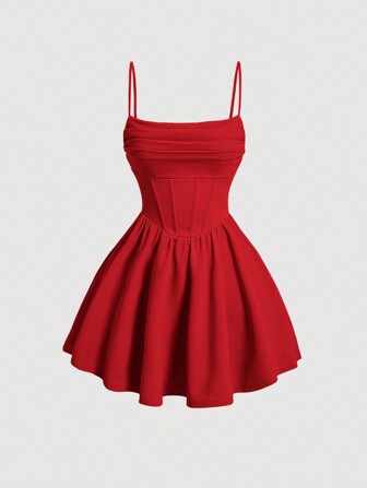 shein red dress short Shein Mini A-Line Puffy Deep V-Neck Sexy Elegant Waist Backless Ruched  Cocktail Dress