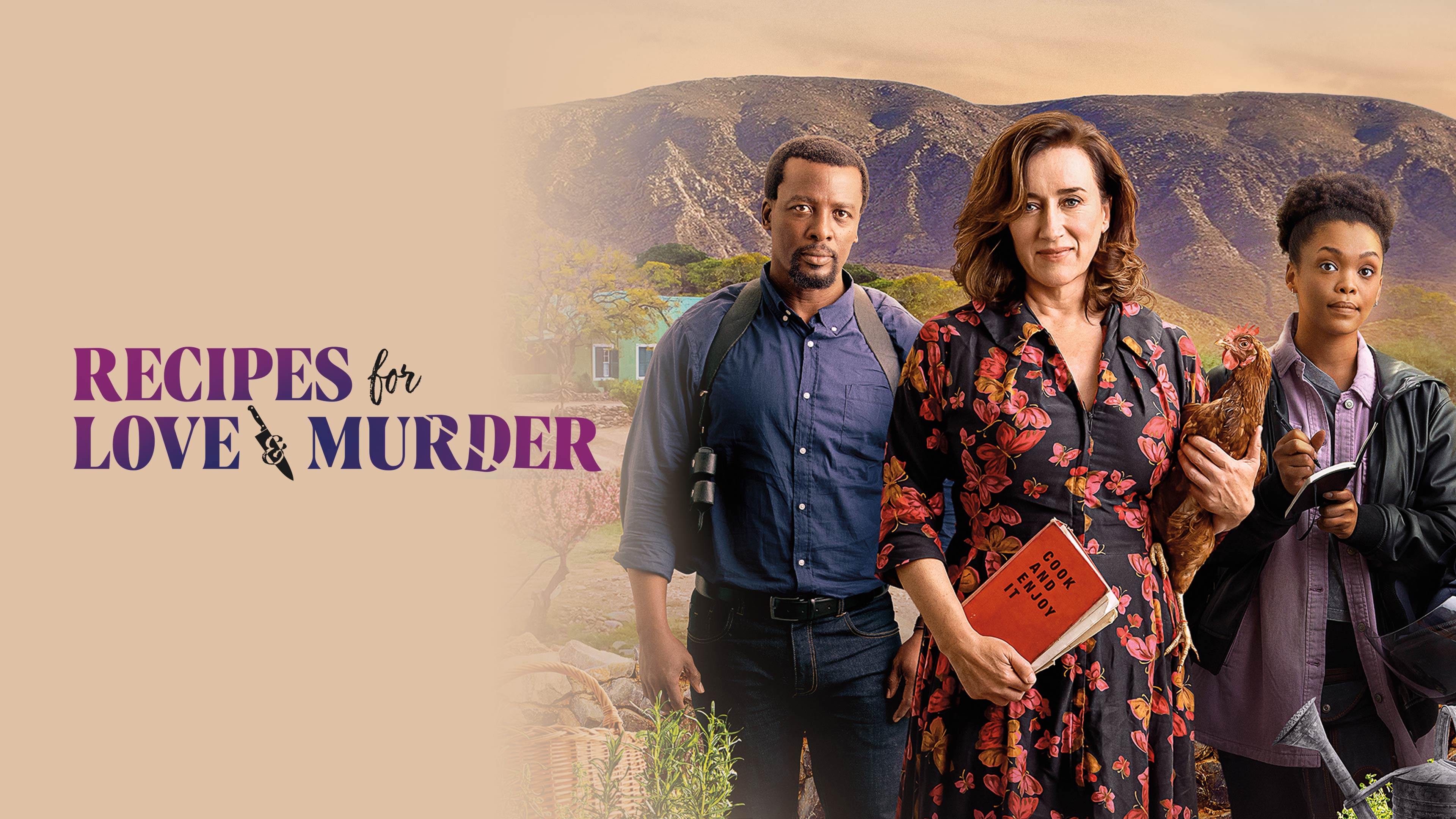 The main cast of Recipes for Love and Murder standing together in a rustic South African kitchen.