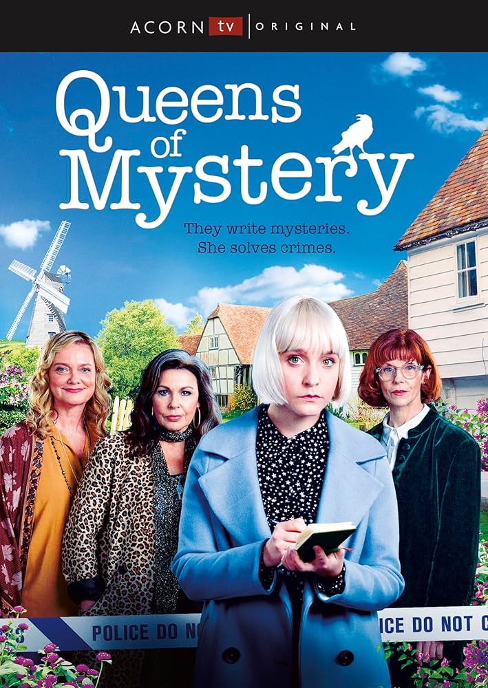 Three mystery-writing aunts and their niece, a young detective, standing in their whimsical, colorful home from Queens of Mystery.