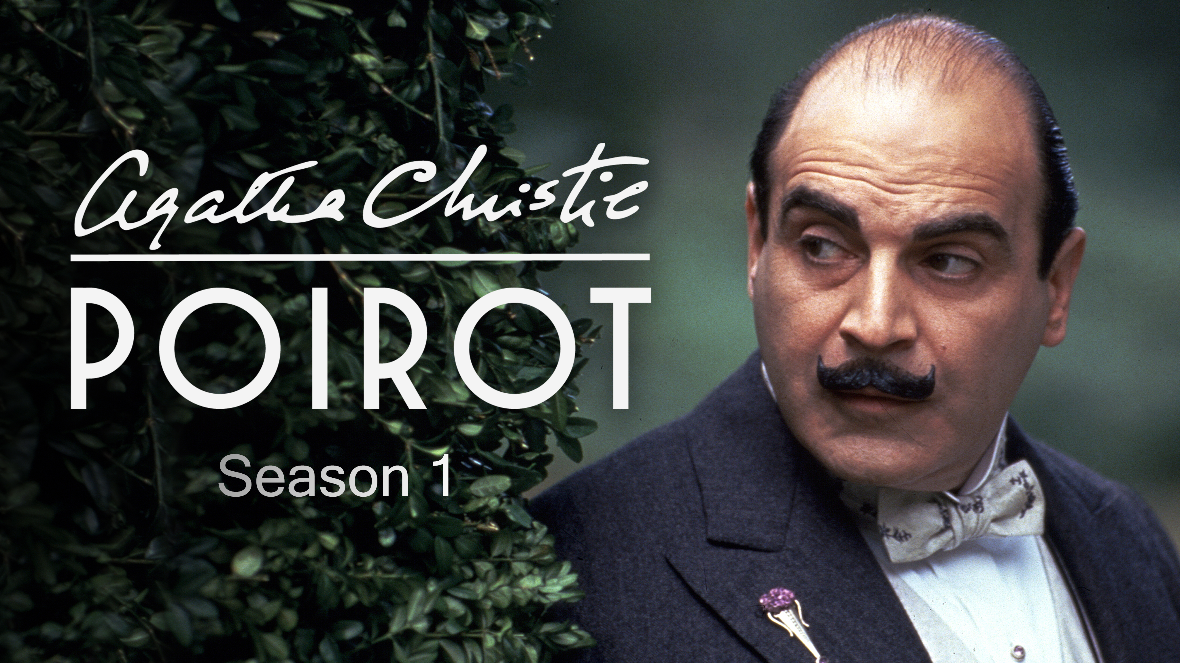 The iconic detective Hercule Poirot with his perfectly groomed mustache and dapper suit, looking thoughtfully at a clue.