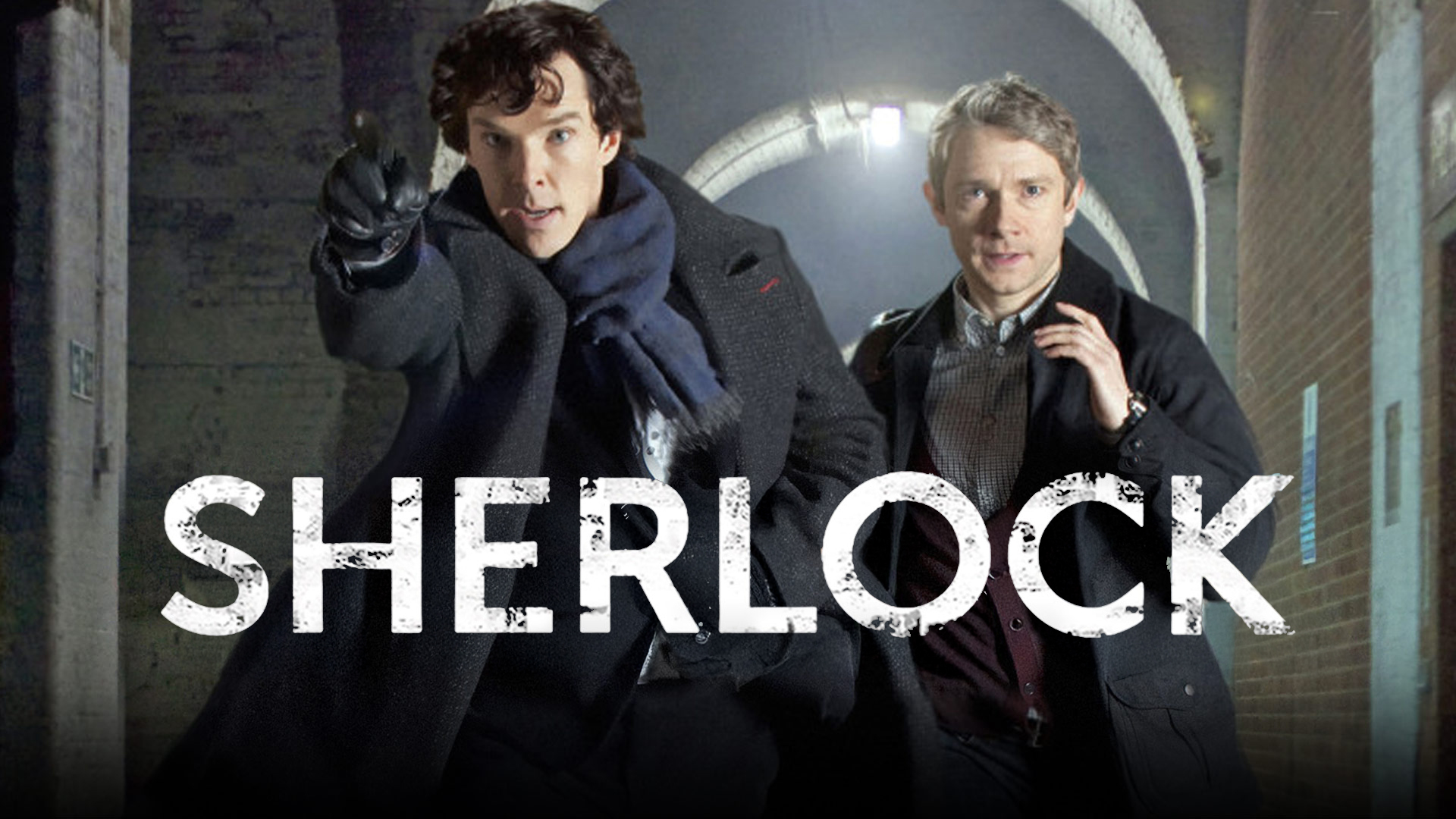 Benedict Cumberbatch as Sherlock Holmes looking intense and cerebral, wearing his classic long coat and scarf on a London street.