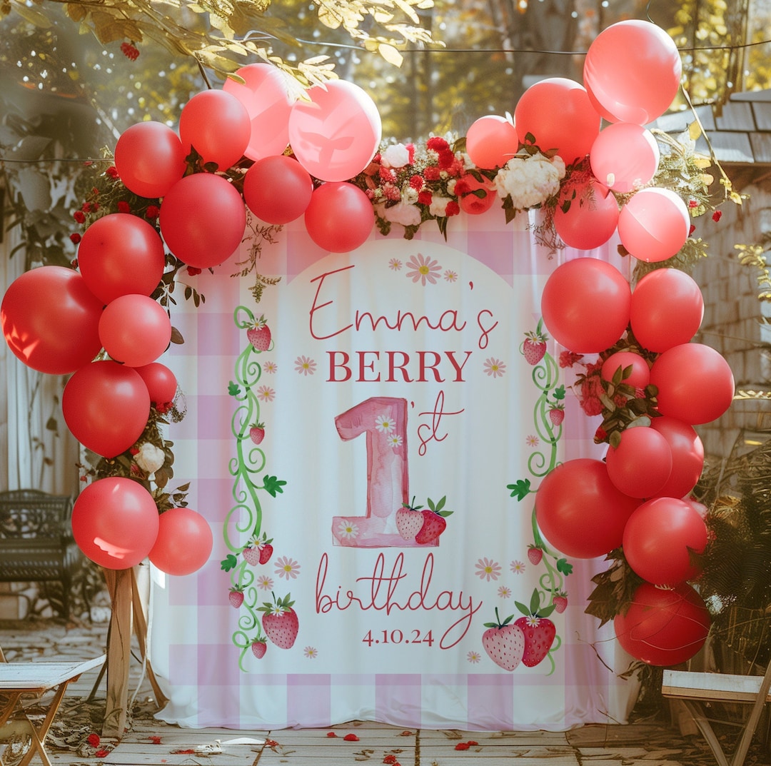 Baby girl strawberry-themed items for your berry sweet one's first birthday party. 🎈 cover photo collage