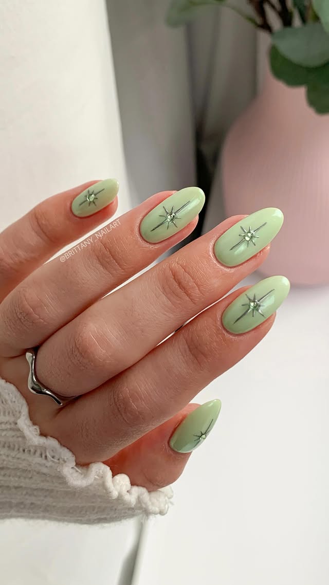 🧚🏼🩶 mint and silver celestial nails cover photo collage