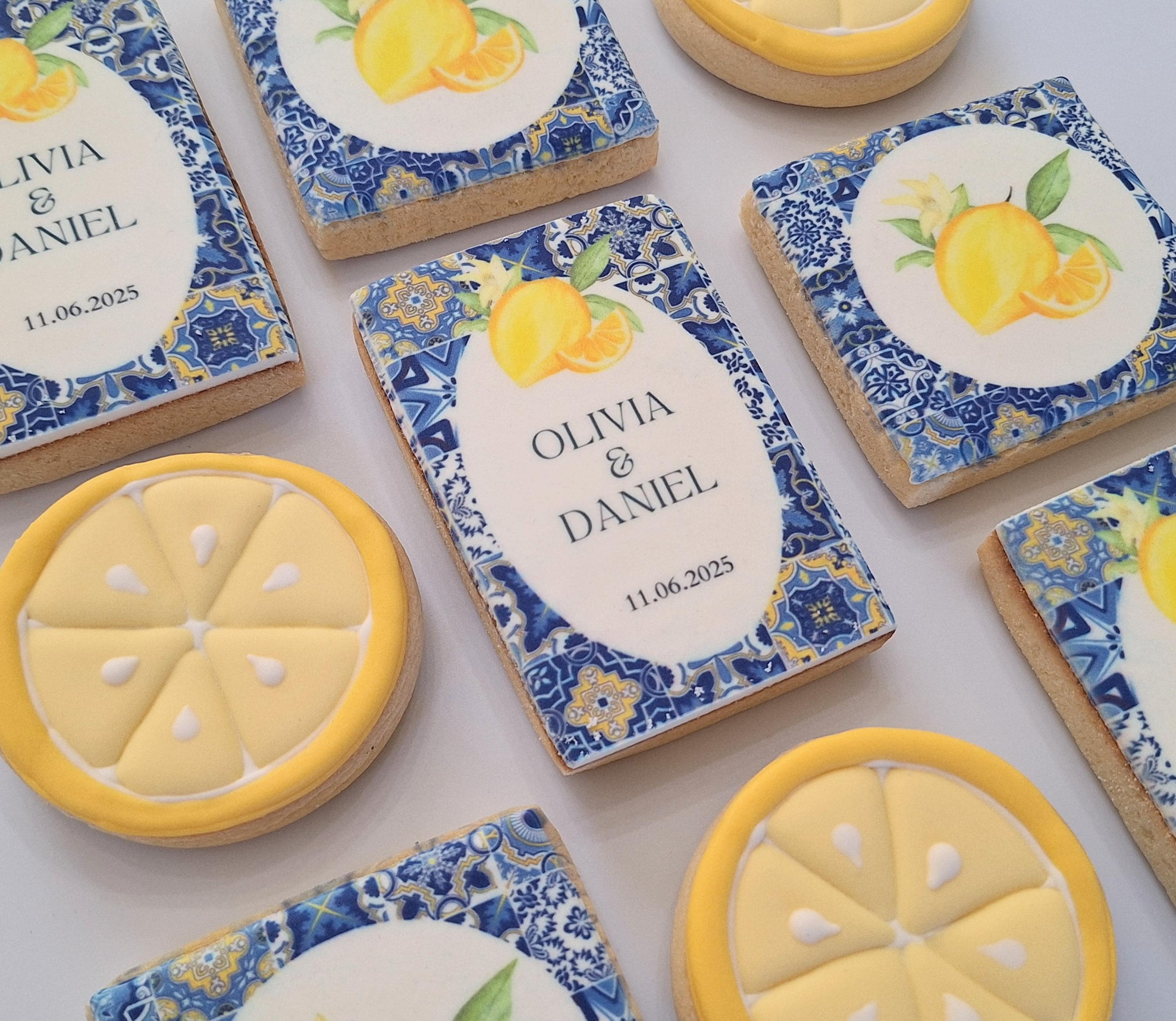 Personalized Amalfi Coast themed cookies, Mediterranean blue lemon tile design