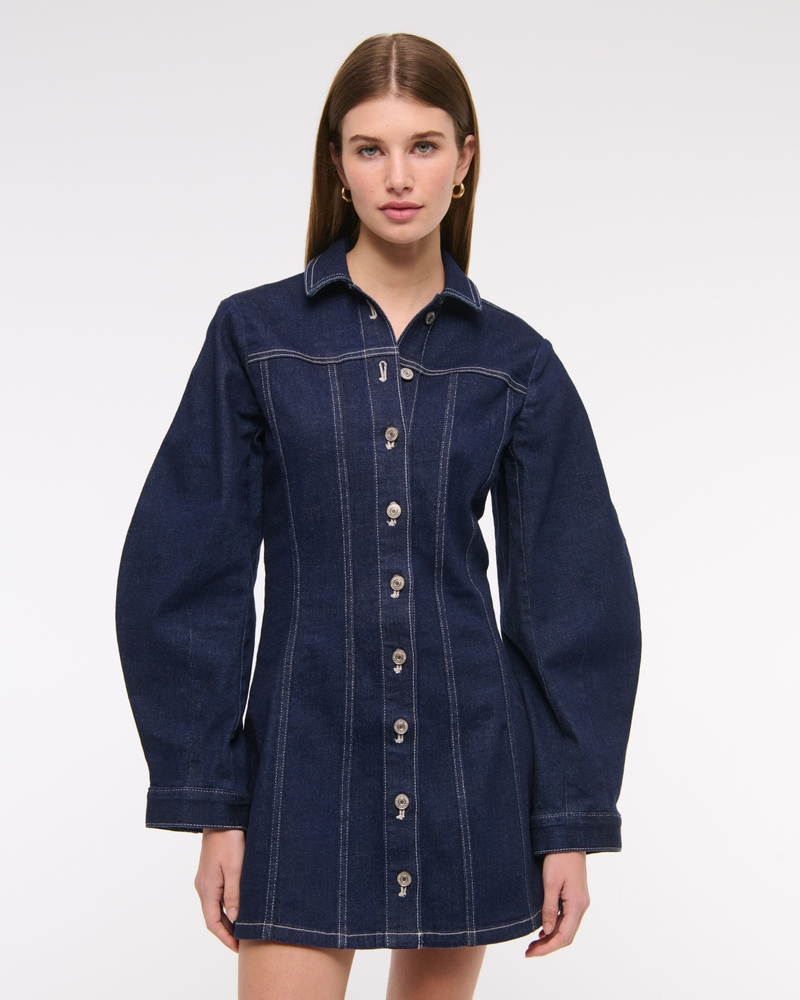white christmas dresses Off Shoulder Bubble Sleeve Denim Dress – bebe