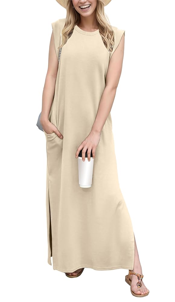 amazon beige dresses BTFBM Womens Summer 2026 Casual Midi Maxi Dresses Lightweight Short Sleeve V Neck Elastic Waist Boho Beach Dress Pockets(Apricot, Small) at Amazon Women's Clothing store