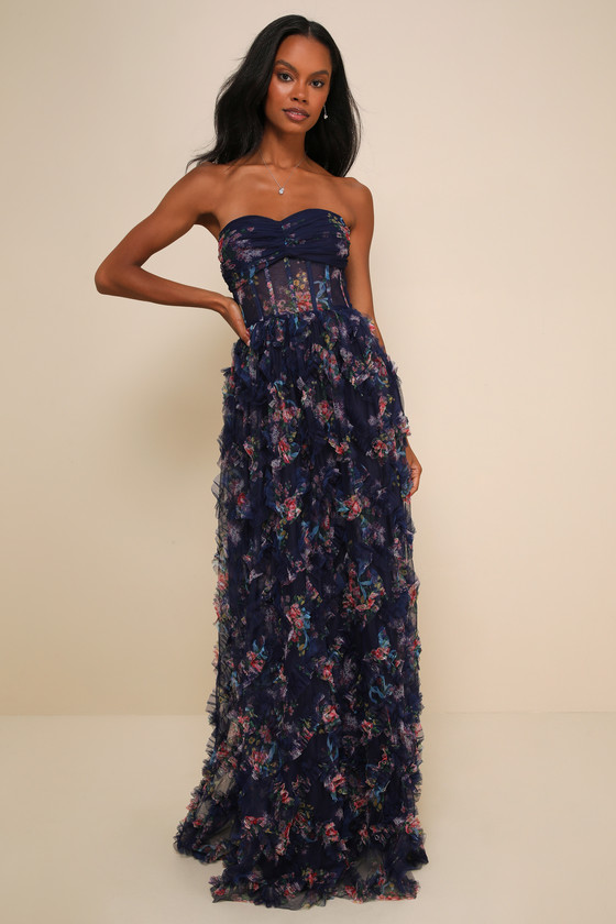 blue floral black tie dress Red Dress | Blue Floral Tie Shoulder Tiered Midi Dress