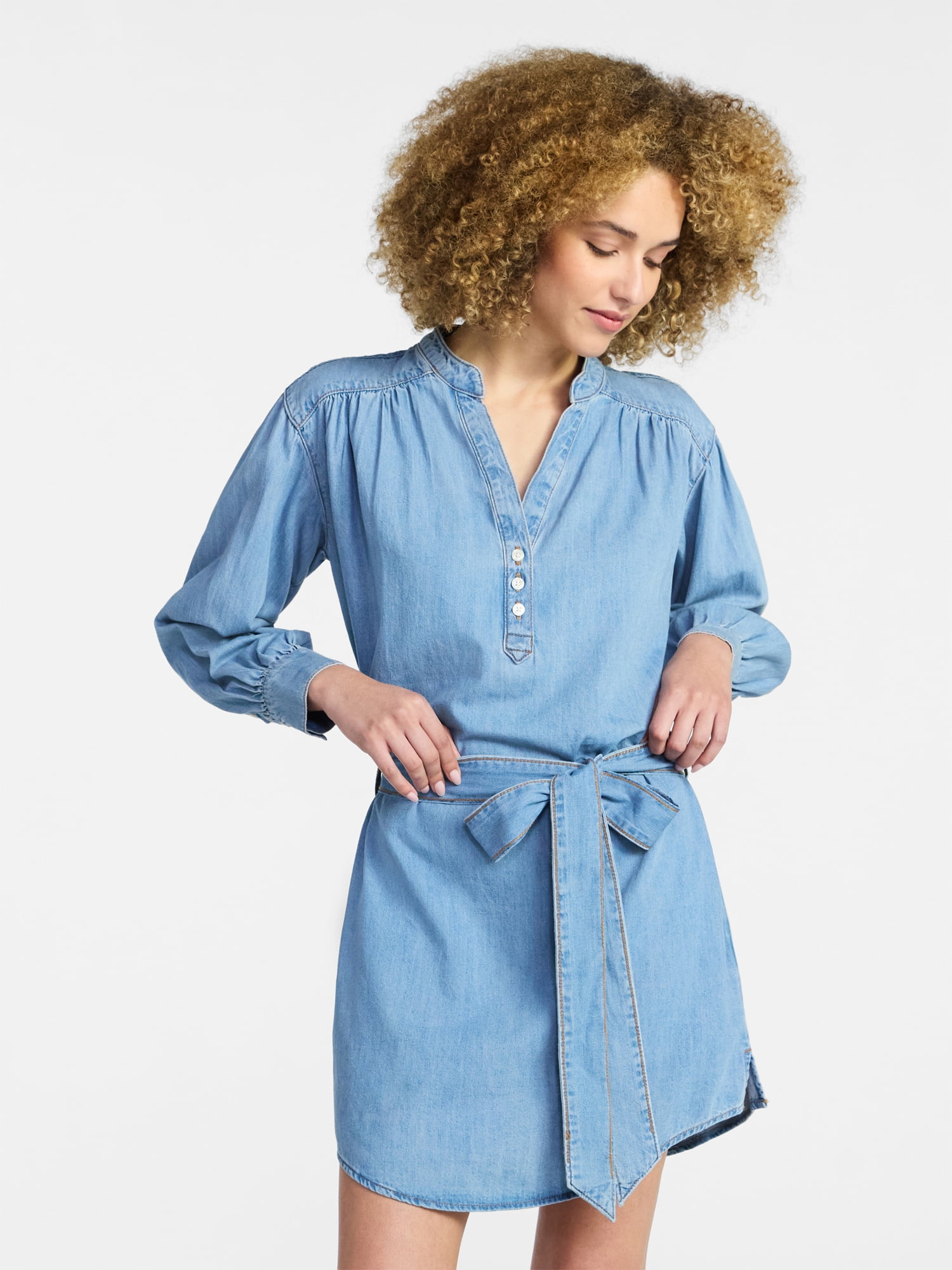Time and Tru Women's Belted Denim Mini Shirtdress with Long Sleeves