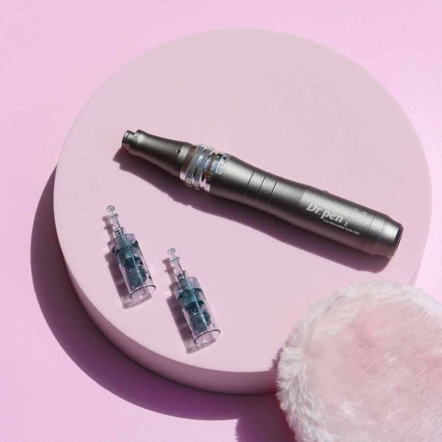 Microneedling Devices and Skincare Items cover photo collage