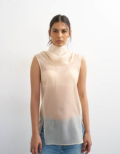 Topshop organza collapsed funnel neck top in oyster