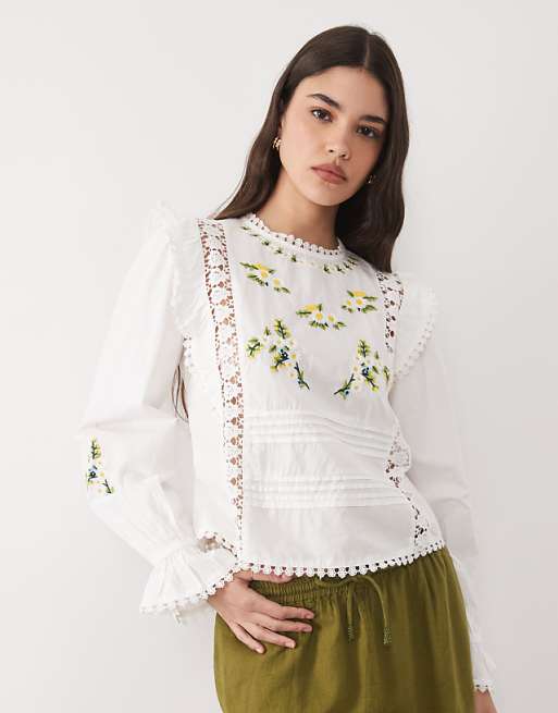 River Island daisy embroidered frill blouse in white