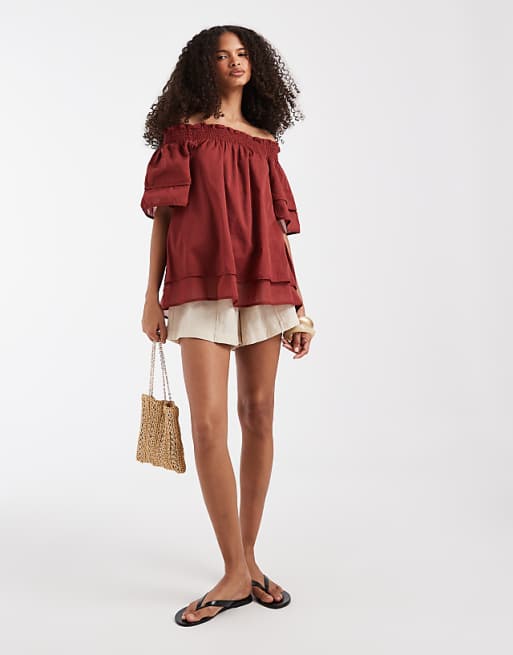 AWARE off shoulder ruffle top with smock detail in terracotta