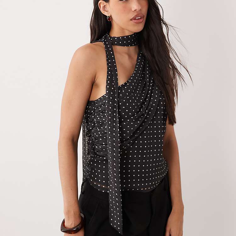 YAS one-shoulder ruched scarf top in black and white polka dot