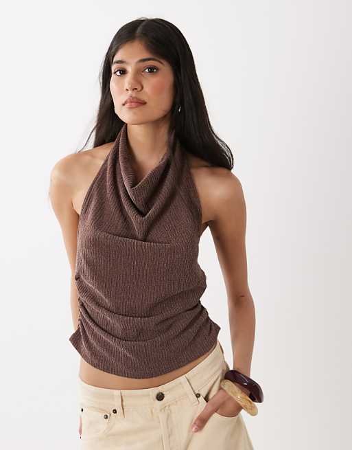 Miss Selfridge crinkle halterneck top in brown