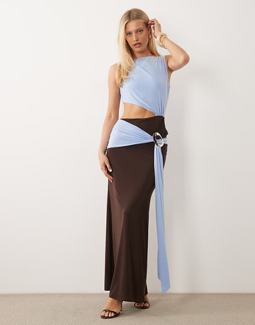ASOS DESIGN slinky color block slash neck maxi dress with godets