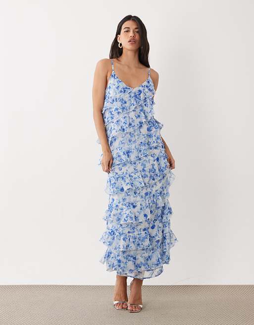 VILA asymmetric frill maxi dress with side split in blue floral