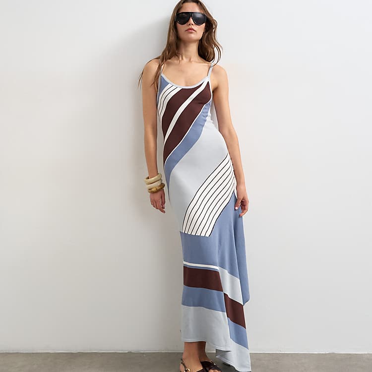 Topshop knit asymmetric striped maxi dress in blue multi