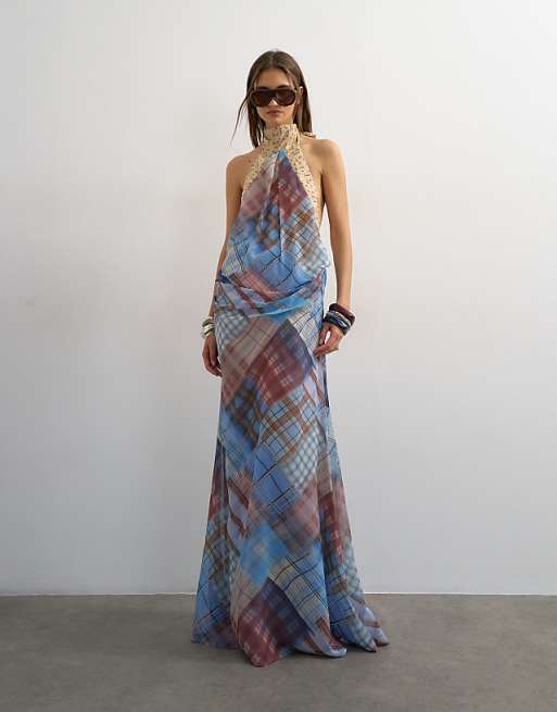 Topshop halterneck tucked side maxi dress in check and polka dot
