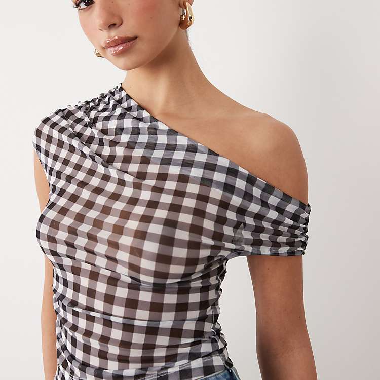 ASOS DESIGN sheer mesh ruched off shoulder asymmetric top