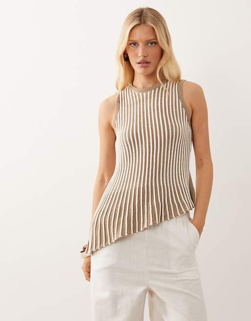 ASOS DESIGN knit pleated asymmetric top in mocha striped print