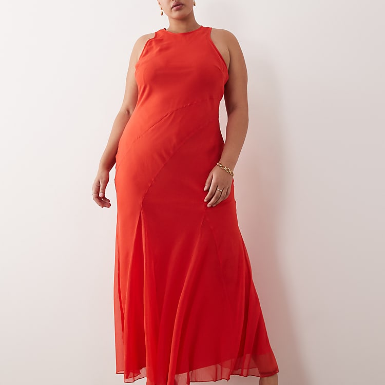 ASOS DESIGN Curve Racer Neck Bias Maxi Dress with Godet Hem in Red