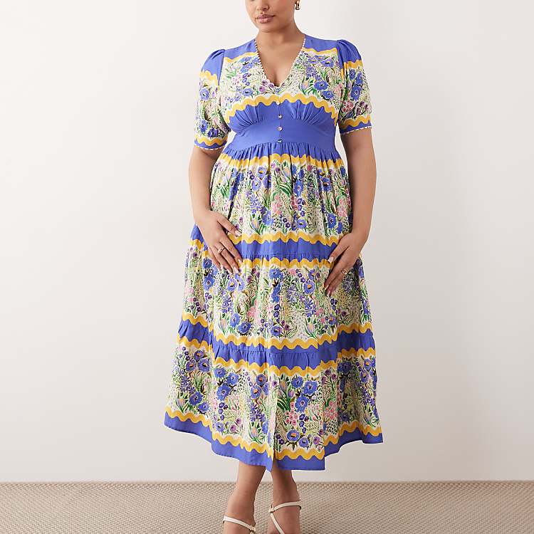 Hope & Ivy Plus V-Neck Puff Sleeve Midi Smock Dress in Blue and Yellow Floral Print