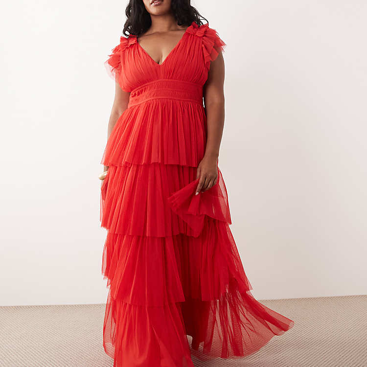 Lace & Beads Plus Ruffle Shoulder Tiered Maxi Dress in Red