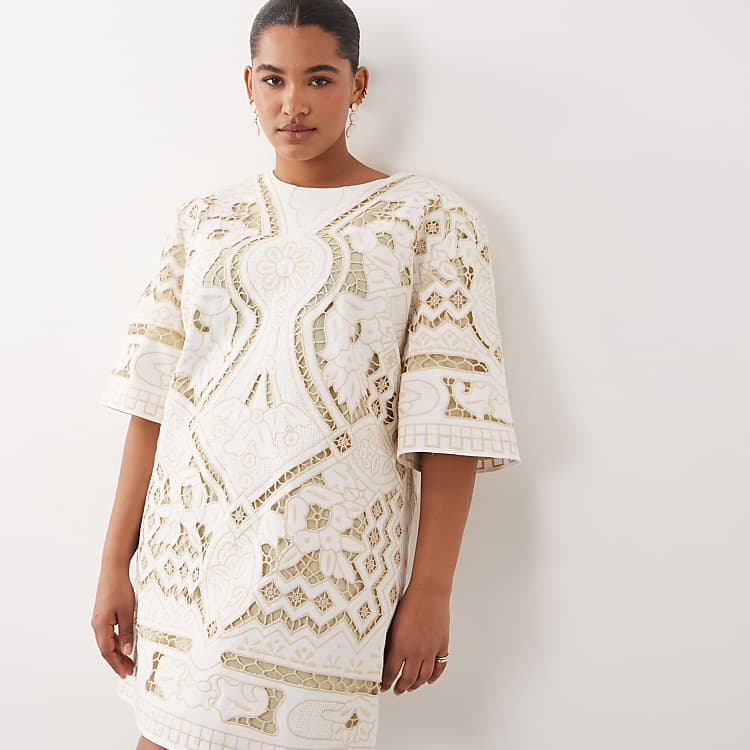 ARRANGE Curve Cutwork Embroidered Mini Dress in Cream
