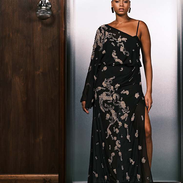 ASOS DESIGN Curve Draped Batwing Sleeve Embellished Maxi Dress with Lace in Black