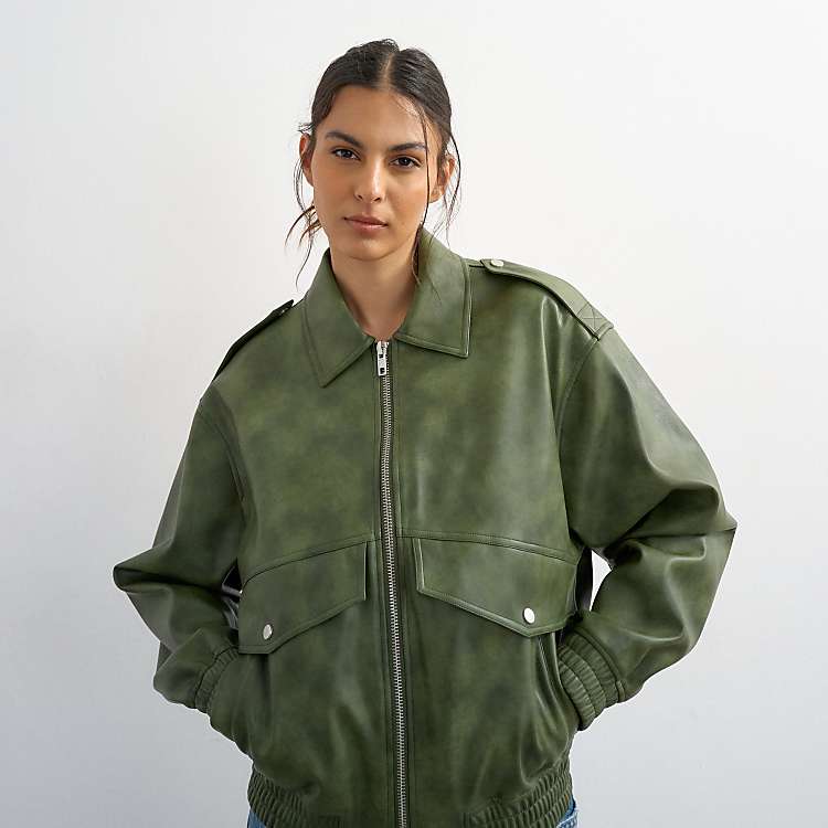 Topshop faux leather cropped bomber jacket with patch pocket in washed green