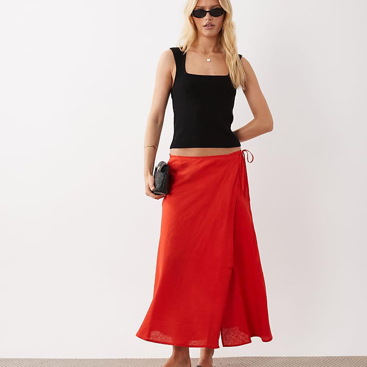 ARKET linen mix wrap skirt in red