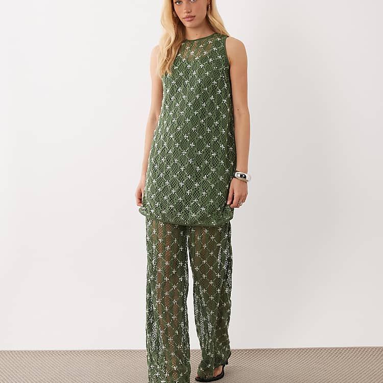 Ghospell Zuma embellished high rise straight leg pants in dark green