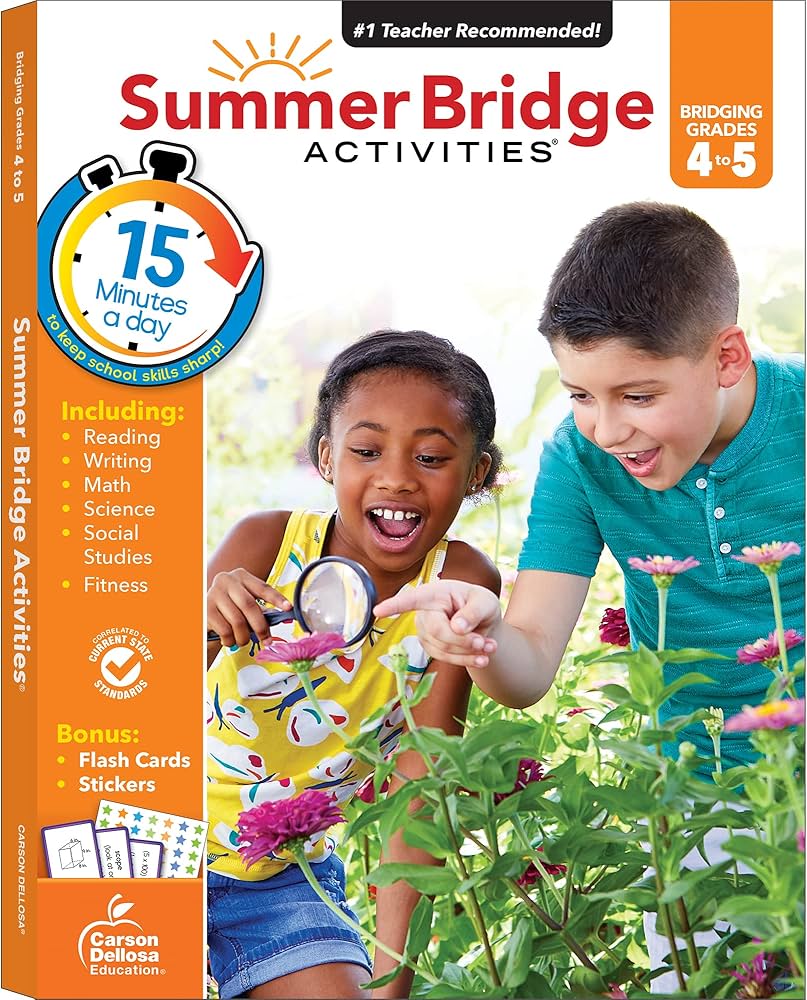 Read Free - Summer Bridge Activities 4th to 5th Grade Workbooks All Subjects, Math, Language Arts, Reading Comprehension, Science, Social Studies, Writing, Fitness, Flash Cards, Stickers and More (Volume 6) cover photo collage