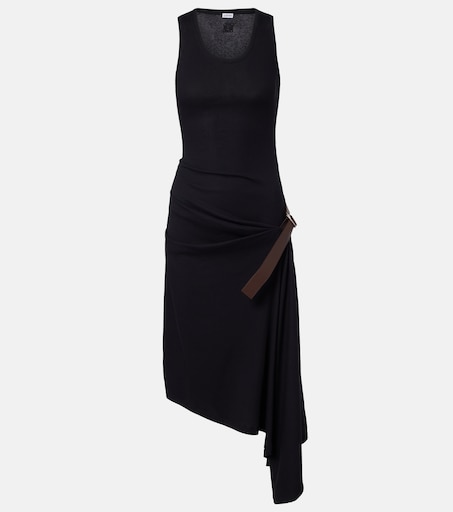 Belted ribbed-knit draped cotton-blend midi dress