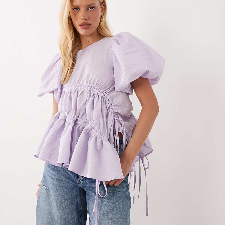 Ghospell round neck puff sleeve asymmetric hem floaty top in lilac