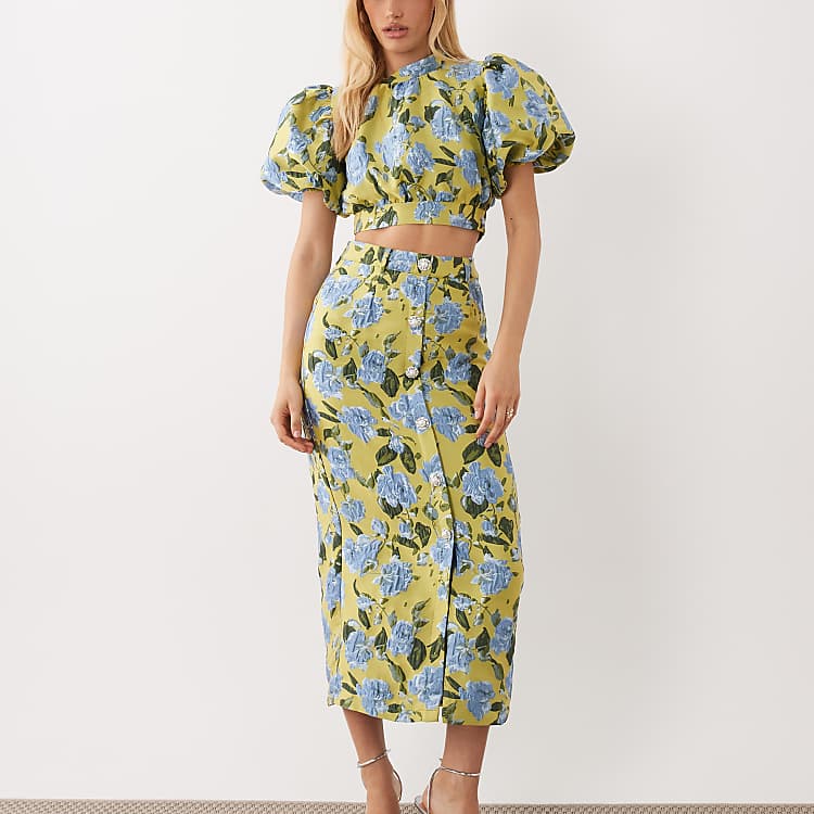 Dream Sister Jane Seagrass jacquard mid rise midi skirt in green floral