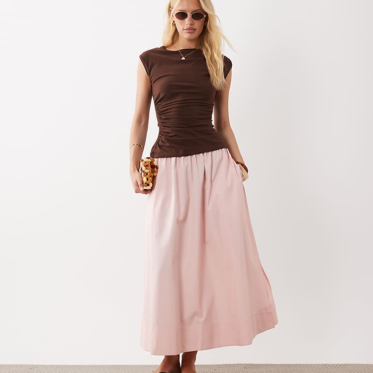 ARKET pure cotton pleated maxi skirt with slit in light pink