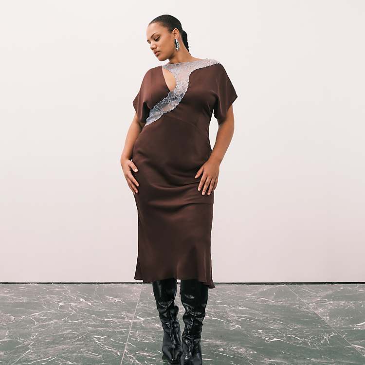 ASOS DESIGN Curve lace applique grown-on sleeve bias cut satin dress in plum