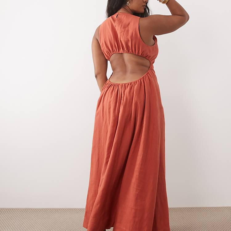 ASOS DESIGN Curve Premium 100% Linen Waisted Maxi Dress with Open Back in Terracotta